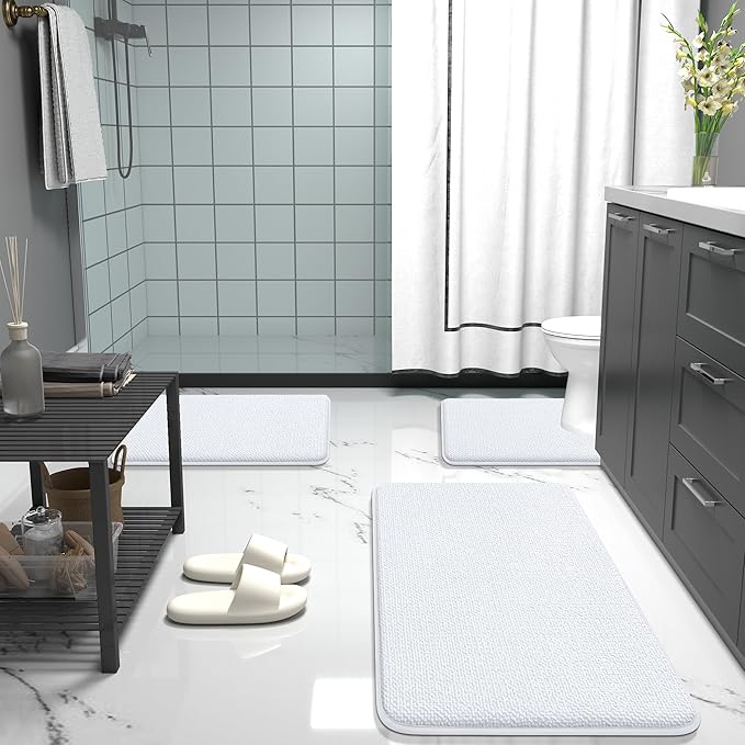 OLANLY Thick Memory Foam Bath Mat Rug 59x24, Extra Soft Absorbent Bathroom Rug, Quick Dry Bath Mats, Non-Slip, Machine Washable Carpet for Bathroom, Tub and Shower, Home Decor Accessories, White
