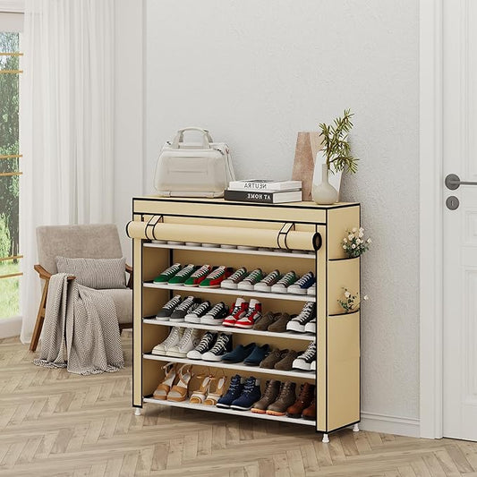 Calmootey 5 Tier Shoe Rack Organizer to Hold 25 Pairs, Portable Shoe Shelf with Nonwoven Fabric Cover for Closet Hallway, Bedroom, Entryway, Beige