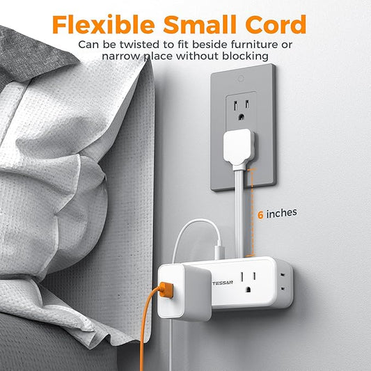 Small Extension Cord 6 inch, TESSAN Thin Flat Plug Power Strip with 4 AC Outlets 3 USB (1 USB C) Ports, Silm Charging Station Desk Organizers for Home Bedroom Hotel Office Desktop Accessories