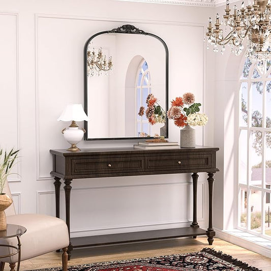 Keonjinn Vintage Arched Wall Mirror 30" x 36", Black Antique Mirrors with Metal Frame, Ornate Baroque Decoration for Mantle, Bathroom, Living Room, Fireplace, French Cleat Mounting