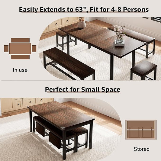 5 Pieces Dining Room Table Set for 4-6, 63" Extendable Kitchen Table Set with 2 Benches & 2 Stools, Small Dining Table Set with Metal Frame & MDF Board, Walnut