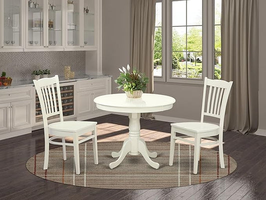 East West Furniture ANGR3-LWH-W 3 Piece Kitchen Table & Chairs Set Contains a Round Dining Room Table with Pedestal and 2 Solid Wood Seat Chairs, 36x36 Inch, Linen White