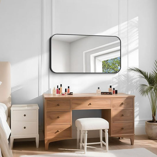Bathroom Mirror, 48 x 24 inch Black Rectangle Wall Mirror, Metal Framed Rectangular Vanity Mirror, Rounded Corner Wall Mounted Mirror for Modern Bedroom Living Room Horizontal/Vertical