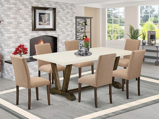 East West Furniture V727AB747-7 7 Piece Modern Dining Table Set Consist of a Rectangle Wooden Table with V-Legs and 6 Light Sable Linen Fabric Parson Dining Chairs, 40x72 Inch, Multi-Color