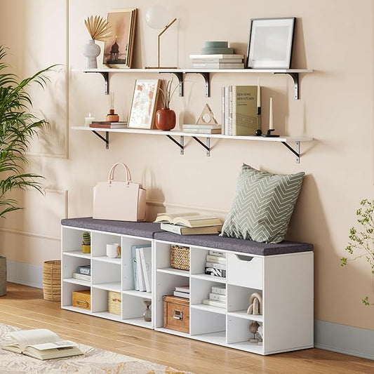 DINZI LVJ Shoe Bench,Entryway Storage Bench with Drawer and 8 Cubbies,Cubby Rack Adjustable Shelves,Shoe Organizer Cabinet for Living Room,Bedroom,Mudroom,Closet Garage,White