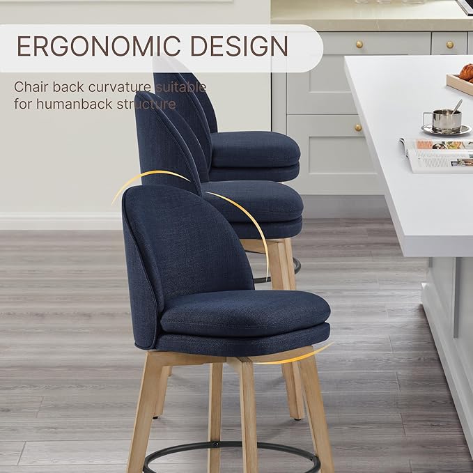 Counter Height Barstools 26 inch Upholstered Swivel Bar Stools with Back and Wood Legs for Kitchen Island,Set of 2,Blue Fabric-Armless