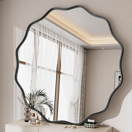 Round Wavy Mirror, 42 Inch Metal Frame Circle Mirror, Round Wall Mounted for Entryway, Bathroom, Vanity, Living Room, Black