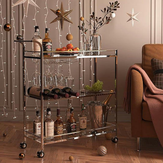 Bar Cart Silver, Home Bar Serving Cart, Modern Bar Cart with 3-Tier, Mobile Kitchen Shelf with Wine Rack and Glass Holder, Bar Carts for The Home, Dining Room, Living Room