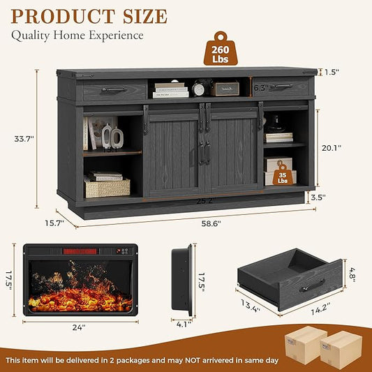 59'' Fireplace TV Stand with 3D Flame Electric Fireplace Heater, 34'' Tall Farmhouse TV Stand for 65 Inch TV, Entertainment Center TV Console with 2 Drawers, Sliding Barn Door for Living Room - Black