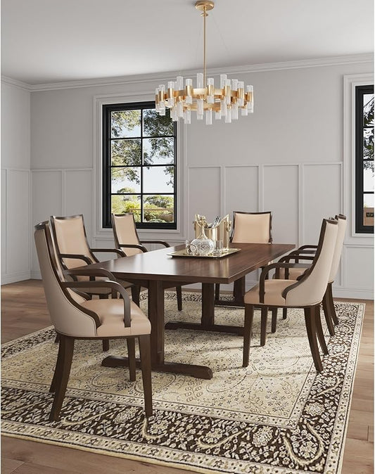 Manhattan Comfort Grand Faux Leather Dining Chairs with Arms, Padded Wingback Seat, Fine Rectangular Stitching and Solid Wood Frame, Set of 2, Tan