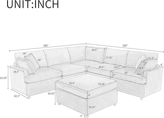 100 Inch U-Shaped Modular Convertible Sectional Sofa with Removable Ottoman and Pillows, Oversized 6 Seater Upholstered Corner Couch for Living Room, Office, Spacious Space, Beige