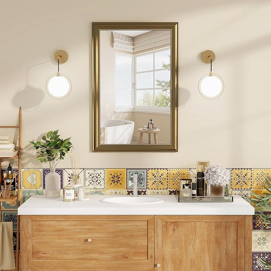 Axeman 32x48 Rectangular Wall Mirror, Decorative Bathroom Mirror, Traditional Vintage Wall Mounted Mirror with Beaded Frame for Accent Living Room Vanity Bedroom Entryway, Gold