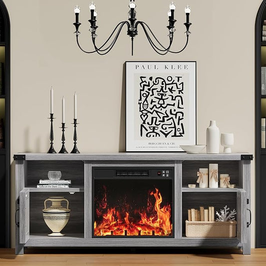 YESHOMY Fireplace TV Stand with Barn Doors and Open Display Shelf, Farmhouse Media Console with Hidden Cable Routing, Entertainment Center for Televisions up to 65+ Inch, Gray Wash