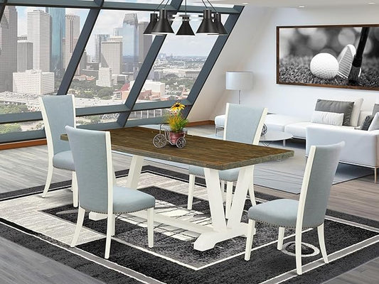 East West Furniture V077VE215-5 5 Piece Dining Set Includes a Rectangle Dining Room Table with V-Legs and 4 Baby Blue Linen Fabric Upholstered Chairs, 40x72 Inch, Multi-Color