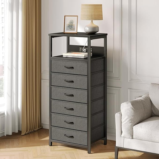 Seventable Night Stand with Charging Station, Tall Nightstand with 6 Fabric Storage Drawers, Side Table with LED Light for Bedroom, Entryway, Black