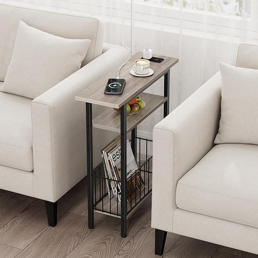 Vagusicc Narrow Side Table with Charging Station, Skinny Side End Table for Couch, 3-Tier Small End Tables for Small Spaces, 25.2" Tall Slim Nightstand Bedside Table for Living Room, Bedroom, Greige
