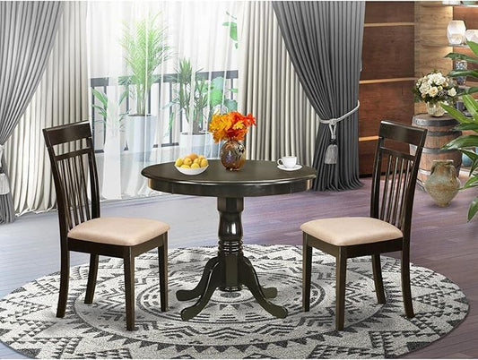 East West Furniture ANCA3-CAP-C 3 Piece Kitchen Table Set for Small Spaces Contains a Round Dining Table with Pedestal and 2 Linen Fabric Dining Room Chairs, 36x36 Inch, Cappuccino