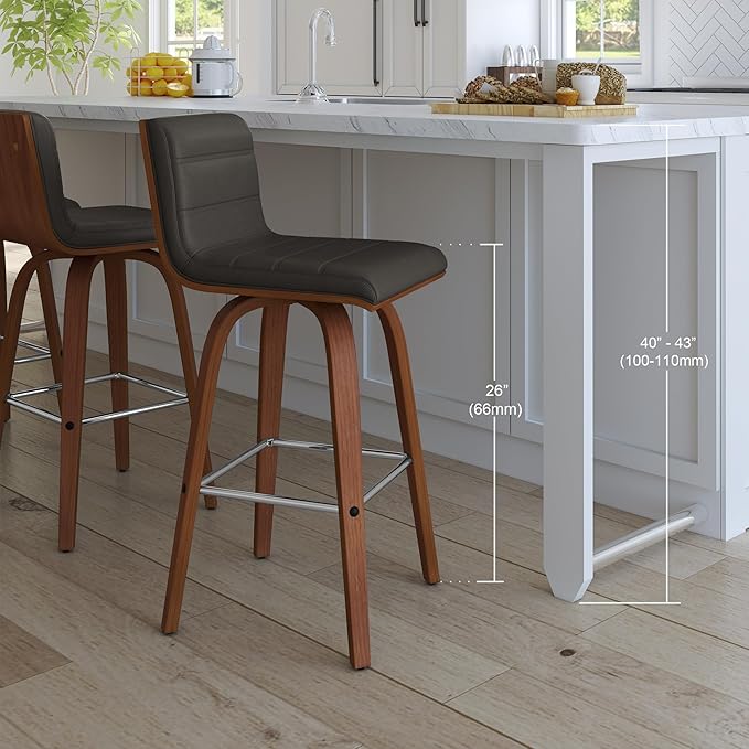 Armen Living Vienna 26" Swivel Counter Stool in Walnut Wood Finish with Gray Faux Leather - Set of 4