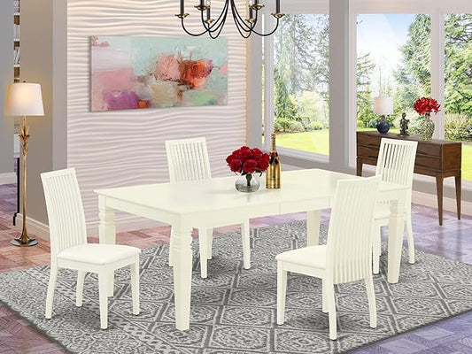 East West Furniture LGIP5-LWH-C 5 Piece Dinette Set for 4 Includes a Rectangle Dining Table with Butterfly Leaf and 4 Linen Fabric Dining Room Chairs, 42x84 Inch, Linen White
