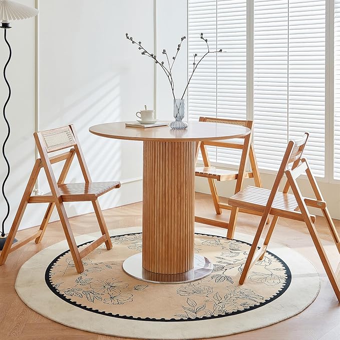 Round Wood Dining Table,Wooden Trestle Pedestal Base on Stainless Steel Plate,Small Space Kitchen Table,34.25" Modern Circular Tabletop for Kitchen, Dining Room, Restaurant,Cafe (Natural)