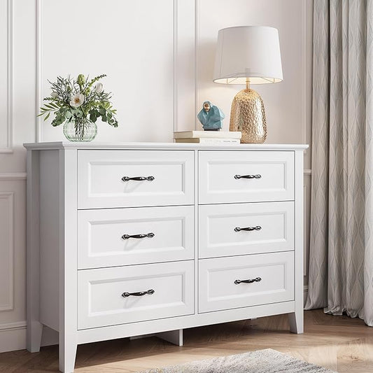 LINSY HOME 6 Drawers Dresser for Bedroom, 47" Wide Wooden Storage Chest with Antique Handles, Modern Farmhouse Dresser TV Stand with Wood Legs for Closet, Living Room, Hallway, White