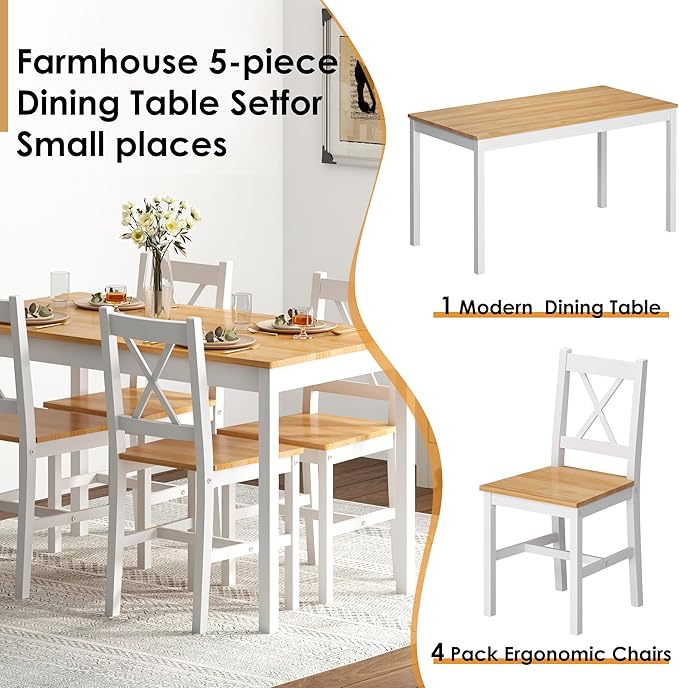 sogesfurniture Dining Table Set for 4,Dinette Set for 4 Small Space,5 Pieces Dining Table for Kitchen, Dining Room 47.5'', Pine Wood,Oak&White