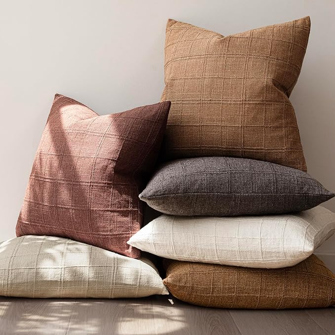 Foindtower Set of 2 Decorative Linen Check Throw Pillow Covers Neutral Farmhouse Vintage Cushion Covers Modern Boho Home Decor for Sofa Chair Couch Bedroom Living Room Outdoor,20×20 Inch,Autumnal Red