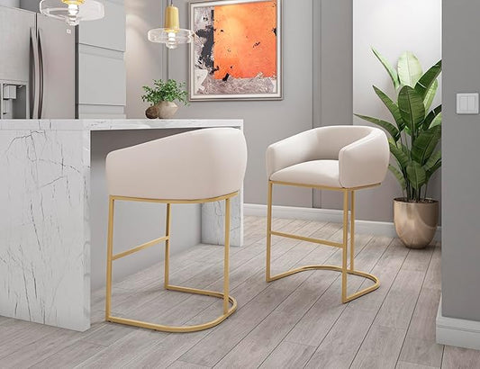 Manhattan Comfort Louvre 26 Inch Mid Century Modern Counter Height Bar Stools - Elegant Faux Leather Padded Seat, Stainless Steel Base with Footrest, Fully Assembled Barstools, Set of 2, Cream