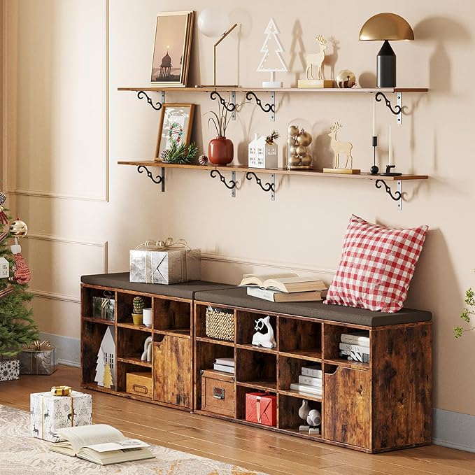DINZI LVJ Long Wall Shelves, 47.3 Inch Large Floating Shelves Set of 2, Wide Display Shelf Wall Mounted with Brackets, Easy Hanging for Living Room, Toilet, Office, Bedroom, Rustic Brown