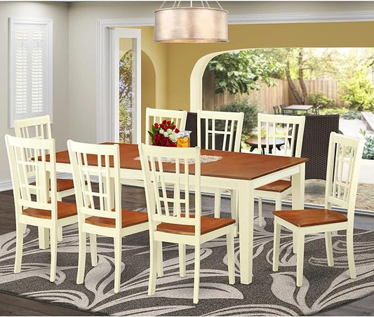 East West Furniture QUNI9-WHI-W 9 Piece Dining Set Includes a Rectangle Dining Table with Butterfly Leaf and 8 Kitchen Chairs, 40x78 Inch, Buttermilk & Cherry
