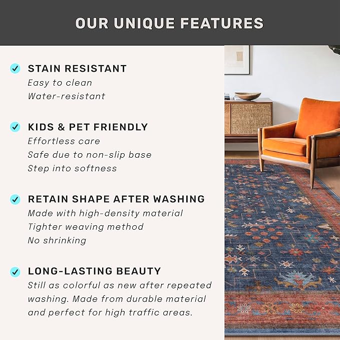 Washable 2x4 Entry Rug Front Door Indoor, Farmhouse Small Area Rugs for Kitchen, Bathroom, Entrance, Non Slip Rubber Backed, Perfect for Boho Décor (2x4 Navy Blue)