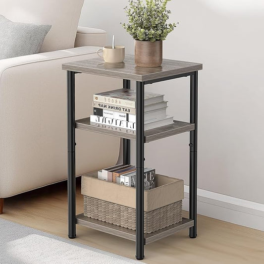 DUMOS End Table, 3 Tier Side Sofa Tables for Small Space, Storage Shelf, Nightstand with Adjustable Feet for Living Room, Bedroom, Office, Set of 1, Oak Grey