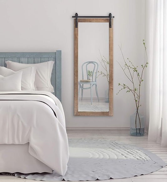 Kate and Laurel Cates Farmhouse Wood Framed Wall Mirror, 18 x 50, Rustic Brown, Barn Door-Inspired Rustic Mirrors for Wall