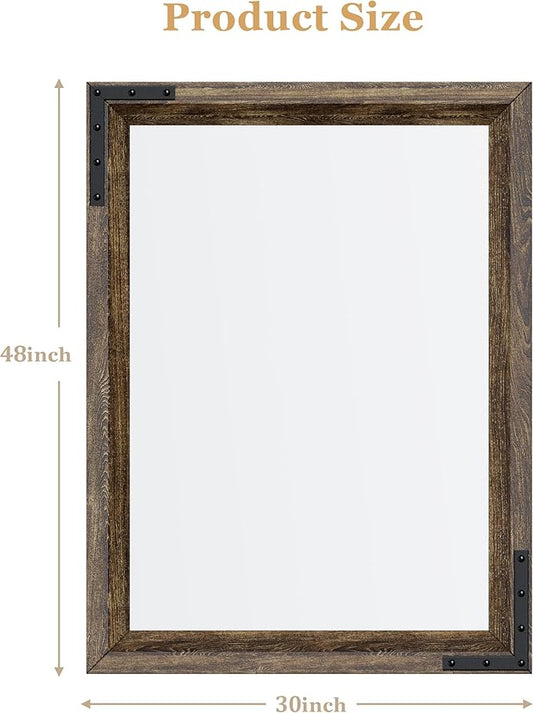YOSHOOT Farmhouse Bathroom Mirror, Rustic Wooden Framed Mirror, Wood Vanity Mirror, Solid Wood & Handmade, Vertical or Horizontal Hanging for Bathroom Entryway Living Room Bedroom, 48" x 30", Brown