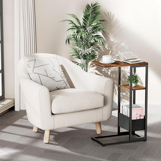 C Shaped End Table, Small Side Table for Couch, Recliner, Slide Under Sofa Tray Desk Snack Tables with Storage Bag for Living Room,Bedroom, Small Spaces - Rustic Brown