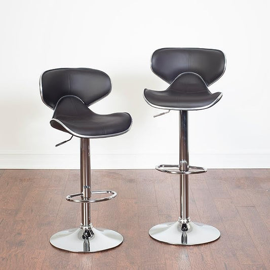 Roundhill Furniture Masaccio Cushioned Leatherette Upholstery Airlift Adjustable Swivel Barstool with Chrome Base, Set of 2, Brown