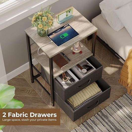 Seventable Nightstand with Charging Station, Bedside Table with LED Lights, Night Stand with 2 Fabric Drawers, 3-Tier Storage End Table for Bedroom, Greige