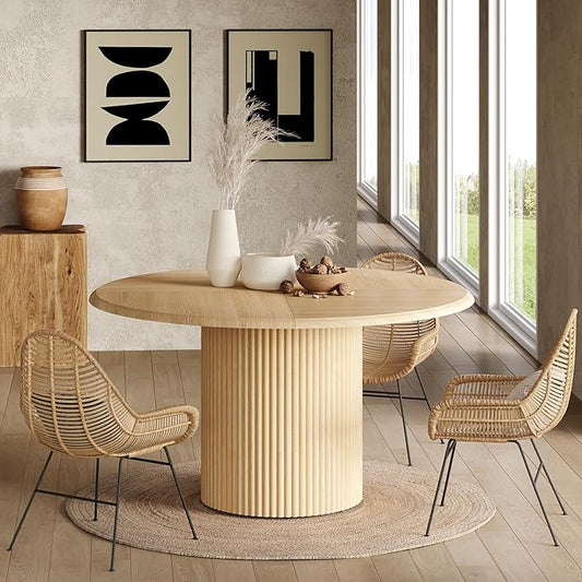 LITTLE TREE 47 Inches Round Dining Table for 4, Farmhouse Natural Wooden Dining Room Table with Fluted Pedestal, Large Circle Kitchen Dinner Table for Dining Room, Living Room (Table Only)