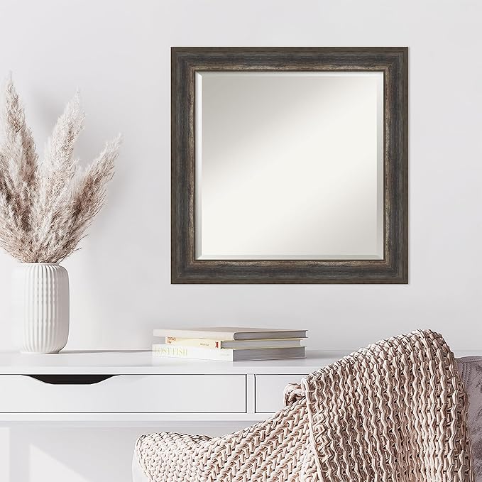 Amanti Art Brown Wall Mirror 25x25 Alta Rustic Char Square Bathroom Mirror for Wall Decor Living Room, Medium Rustic Farmhouse Frame, Hangs Horizonally and Vertically, Bathroom Decor, Beveled Edge