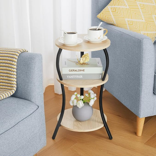 Vintage Small Round Side Table, 3-Tier Slim Waist Circular End Table with Storage Shelf, Compact Tea Sofa Side Table, Round Corner Coffee Table Nightstand for Living Room Bedroom Small Spaces,Oak