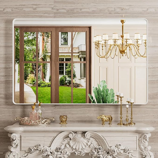White Bathroom Mirror 48x30 Inch, White Metal Framed Bathroom Mirror for Wall, Rounded Rectangle Matte Bathroom Vanity Mirror, Tempered Glass, Anti-Rust, Horizontal/Vertical