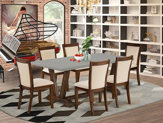 East West Furniture V797MZN32-7 7 Piece Modern Dining Table Set Consist of a Rectangle Wooden Table with V-Legs and 6 Light Beige Linen Fabric Parsons Dining Chairs, 40x72 Inch, Multi-Color