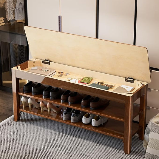 Shoe Storage Bench for Entryway - 3 Tier Shoe Rack for Front Door Entrance, Rubberwood Show Rack, Height Adjustable Entryway Bench with Shoe Storage for Any Room (Walnut, 39.4" W)
