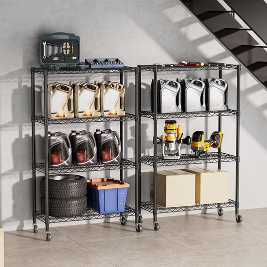 SINGAYE 4 Tier Adjustable Storage Shelf with Wheels Heavy Duty Shelving Unit Rack Shelves Wire for Garage Office Pantry Kitchen 14" Dx36 Wx58 H 1400LBS Black