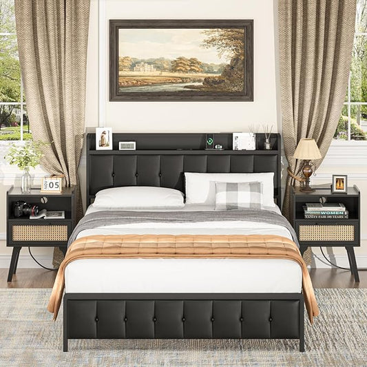 Lerliuo Rattan Nightstands Set of 2 with Charging Station, Black Bedside Table with Drawer Open Shelf, Cane Accent Side End Table with Solid Wood Legs, Night Stand for Bedroom, Dorm and Small Spaces