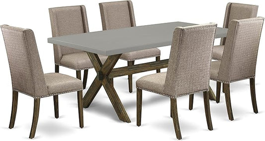 East West Furniture X797FL716-7 7 Piece Dining Table Set Consist of a Rectangle Kitchen Table with X-Legs and 6 Dark Khaki Linen Fabric Upholstered Chairs, 40x72 Inch, Multi-Color