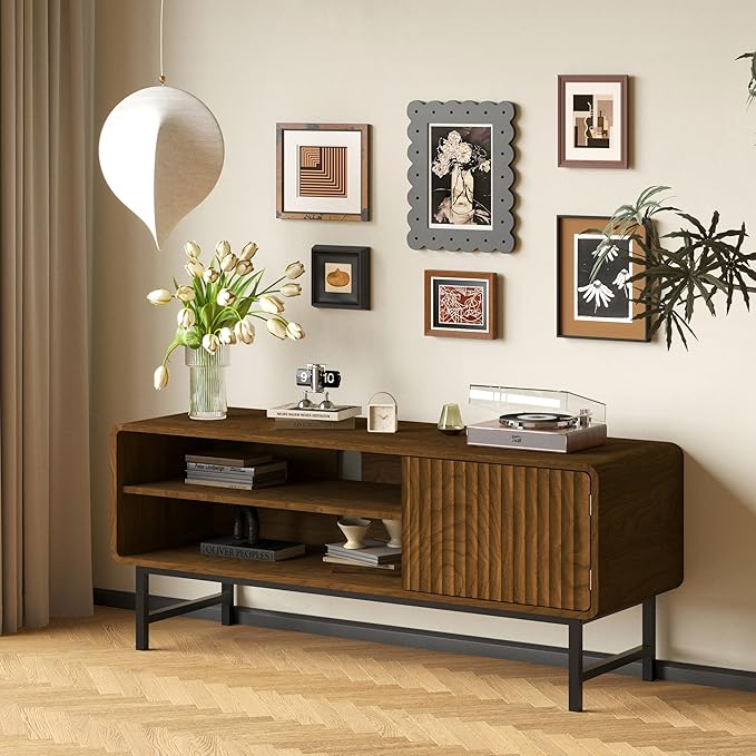 TV Stand,Mid Century Modern Entertainment Center with 2 Open Shelves,Farmhouse TV Media Console Table for Living Room,Bedroom,Television Stand up to 50 Inches,Black Walnut