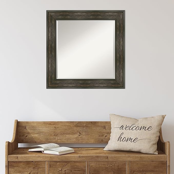 Amanti Art Brown Wall Mirror 26x26 Rail Rustic Char Square Bathroom Mirror for Wall Decor Living Room, Medium Country Rustic Frame, Hangs Horizonally and Vertically, Bathroom Decor, Beveled Edge