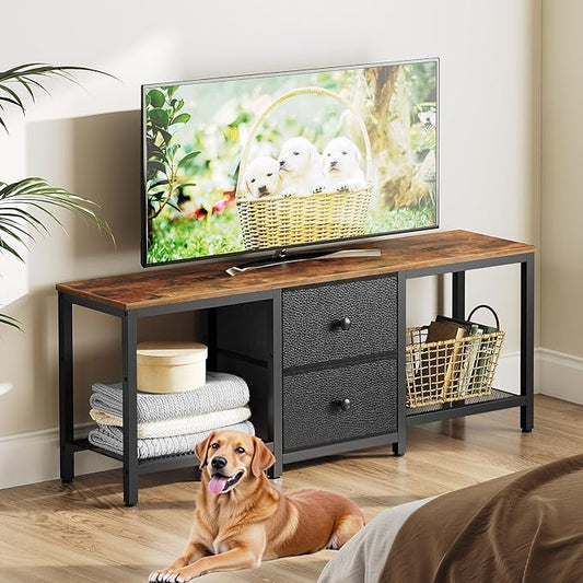TV Stand for TVs up to 55", Entertainment Center with 2 Fabric Drawer, Media Console with Shelves, Television Stands for Living Room, Bedroom, Rustic Brown and Black DS02BR