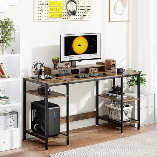 Computer Desk Gaming Desk with Monitor Stand, Home Office Desk Suitable for 2 Monitors, Writing Desk with Adjustable Storage Space,Sturdy and Durable Modern Small Desk (Vintage, 55 inchs)